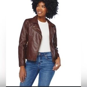 Dex smooth brown leather moto jacket zipper sleeves lined and classic fit XL